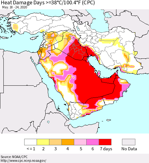 Middle East and Turkey Heat Damage Days >=38°C/100°F (CPC) Thematic Map For 5/18/2020 - 5/24/2020