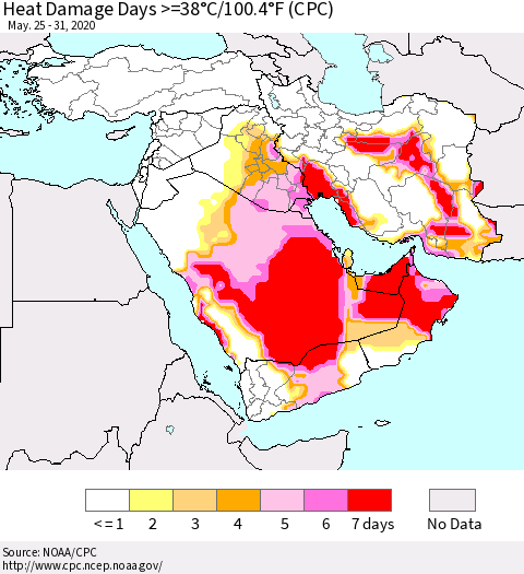 Middle East and Turkey Heat Damage Days >=38°C/100°F (CPC) Thematic Map For 5/25/2020 - 5/31/2020