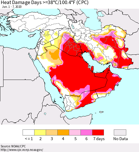Middle East and Turkey Heat Damage Days >=38°C/100°F (CPC) Thematic Map For 6/1/2020 - 6/7/2020