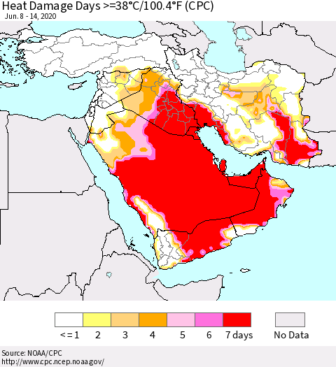 Middle East and Turkey Heat Damage Days >=38°C/100°F (CPC) Thematic Map For 6/8/2020 - 6/14/2020