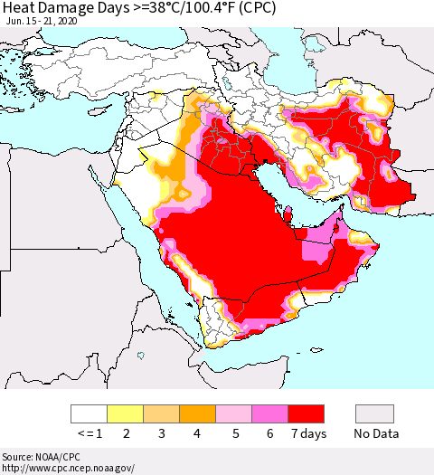 Middle East and Turkey Heat Damage Days >=38°C/100°F (CPC) Thematic Map For 6/15/2020 - 6/21/2020