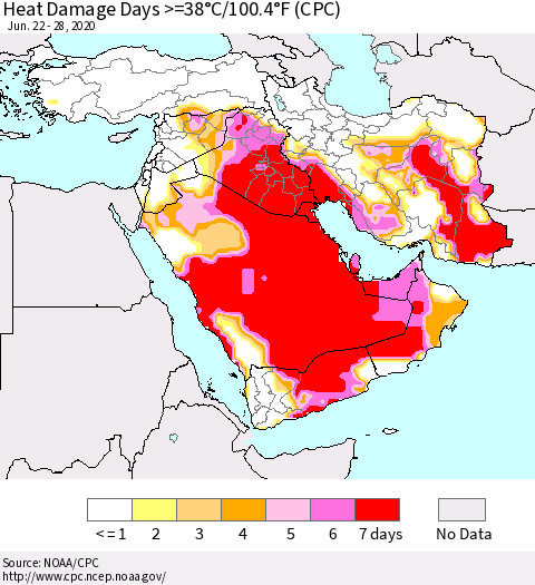Middle East and Turkey Heat Damage Days >=38°C/100°F (CPC) Thematic Map For 6/22/2020 - 6/28/2020