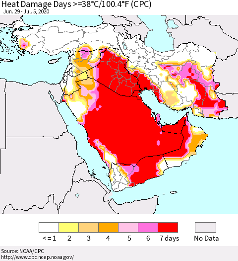 Middle East and Turkey Heat Damage Days >=38°C/100°F (CPC) Thematic Map For 6/29/2020 - 7/5/2020
