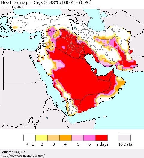 Middle East and Turkey Heat Damage Days >=38°C/100°F (CPC) Thematic Map For 7/6/2020 - 7/12/2020