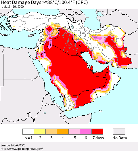 Middle East and Turkey Heat Damage Days >=38°C/100°F (CPC) Thematic Map For 7/13/2020 - 7/19/2020