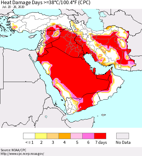 Middle East and Turkey Heat Damage Days >=38°C/100°F (CPC) Thematic Map For 7/20/2020 - 7/26/2020