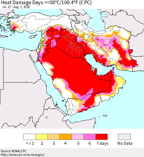 Middle East and Turkey Heat Damage Days >=38°C/100°F (CPC) Thematic Map For 7/27/2020 - 8/2/2020