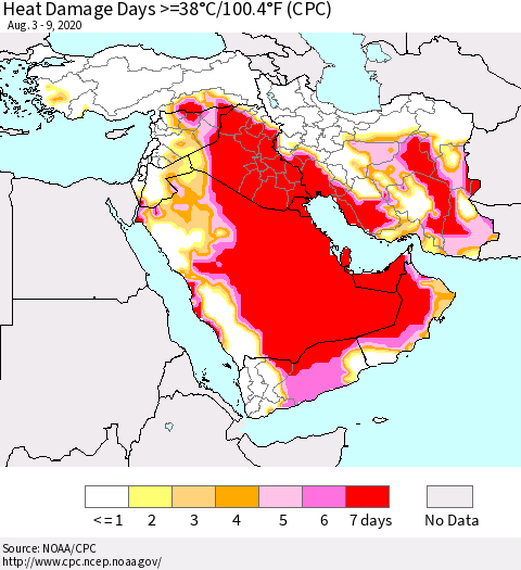 Middle East and Turkey Heat Damage Days >=38°C/100°F (CPC) Thematic Map For 8/3/2020 - 8/9/2020