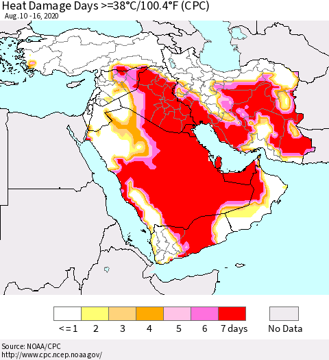 Middle East and Turkey Heat Damage Days >=38°C/100°F (CPC) Thematic Map For 8/10/2020 - 8/16/2020