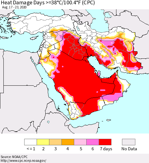 Middle East and Turkey Heat Damage Days >=38°C/100°F (CPC) Thematic Map For 8/17/2020 - 8/23/2020