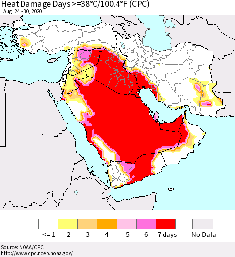 Middle East and Turkey Heat Damage Days >=38°C/100°F (CPC) Thematic Map For 8/24/2020 - 8/30/2020