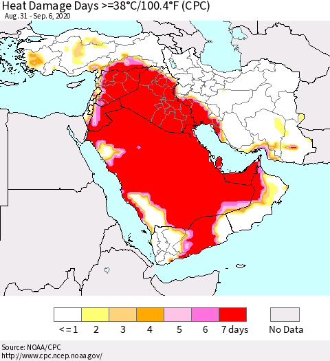 Middle East and Turkey Heat Damage Days >=38°C/100°F (CPC) Thematic Map For 8/31/2020 - 9/6/2020