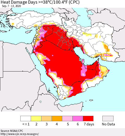 Middle East and Turkey Heat Damage Days >=38°C/100°F (CPC) Thematic Map For 9/7/2020 - 9/13/2020