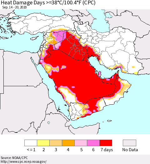 Middle East and Turkey Heat Damage Days >=38°C/100°F (CPC) Thematic Map For 9/14/2020 - 9/20/2020