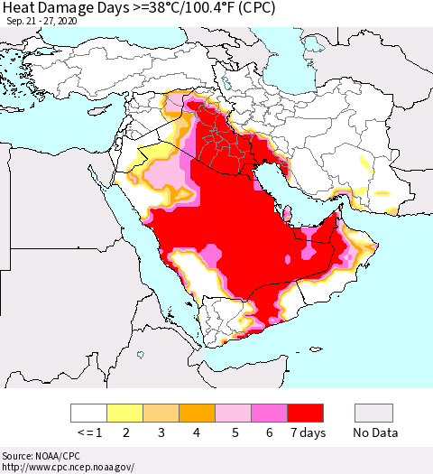 Middle East and Turkey Heat Damage Days >=38°C/100°F (CPC) Thematic Map For 9/21/2020 - 9/27/2020