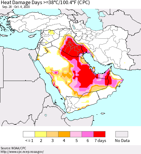 Middle East and Turkey Heat Damage Days >=38°C/100°F (CPC) Thematic Map For 9/28/2020 - 10/4/2020