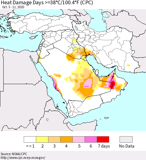 Middle East and Turkey Heat Damage Days >=38°C/100°F (CPC) Thematic Map For 10/5/2020 - 10/11/2020