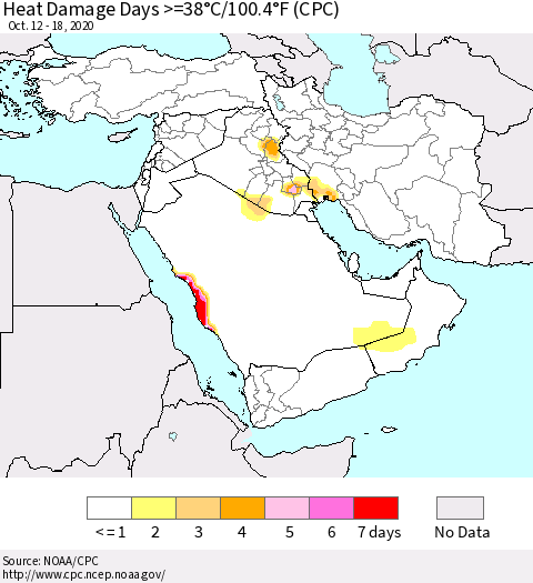 Middle East and Turkey Heat Damage Days >=38°C/100°F (CPC) Thematic Map For 10/12/2020 - 10/18/2020