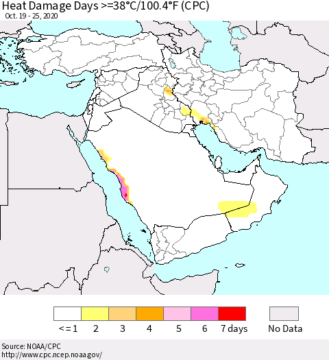 Middle East and Turkey Heat Damage Days >=38°C/100°F (CPC) Thematic Map For 10/19/2020 - 10/25/2020