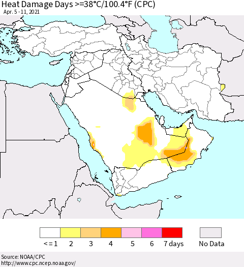Middle East and Turkey Heat Damage Days >=38°C/100°F (CPC) Thematic Map For 4/5/2021 - 4/11/2021
