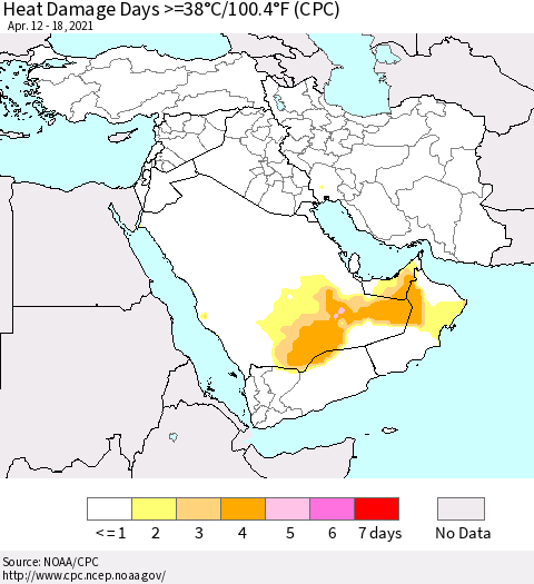 Middle East and Turkey Heat Damage Days >=38°C/100°F (CPC) Thematic Map For 4/12/2021 - 4/18/2021