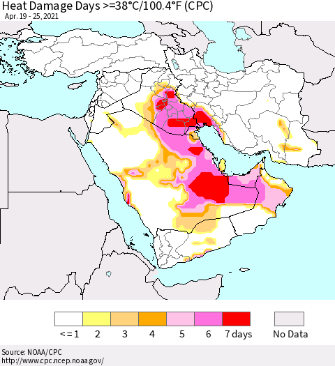 Middle East and Turkey Heat Damage Days >=38°C/100°F (CPC) Thematic Map For 4/19/2021 - 4/25/2021