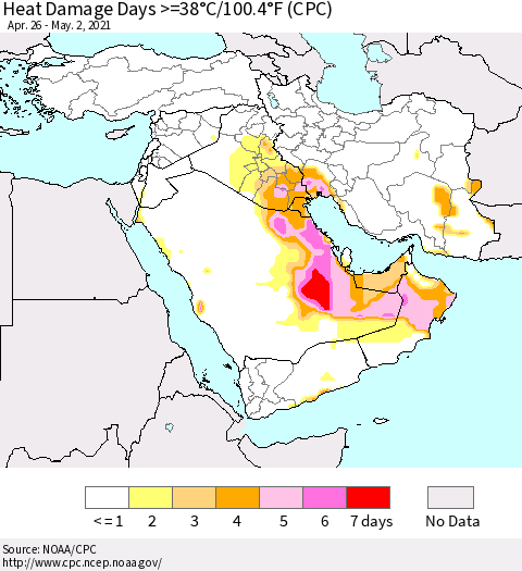 Middle East and Turkey Heat Damage Days >=38°C/100°F (CPC) Thematic Map For 4/26/2021 - 5/2/2021