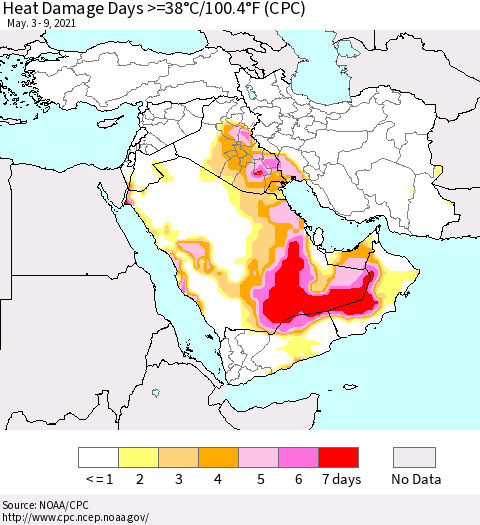 Middle East and Turkey Heat Damage Days >=38°C/100°F (CPC) Thematic Map For 5/3/2021 - 5/9/2021