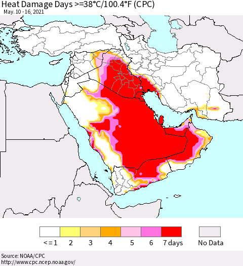 Middle East and Turkey Heat Damage Days >=38°C/100°F (CPC) Thematic Map For 5/10/2021 - 5/16/2021