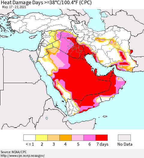Middle East and Turkey Heat Damage Days >=38°C/100°F (CPC) Thematic Map For 5/17/2021 - 5/23/2021