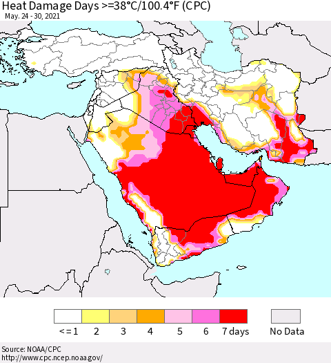 Middle East and Turkey Heat Damage Days >=38°C/100°F (CPC) Thematic Map For 5/24/2021 - 5/30/2021