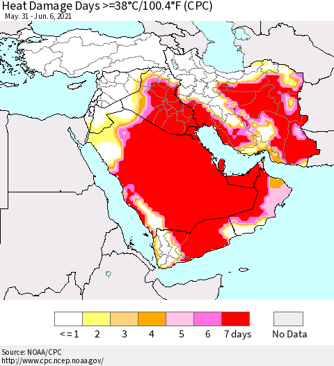 Middle East and Turkey Heat Damage Days >=38°C/100°F (CPC) Thematic Map For 5/31/2021 - 6/6/2021