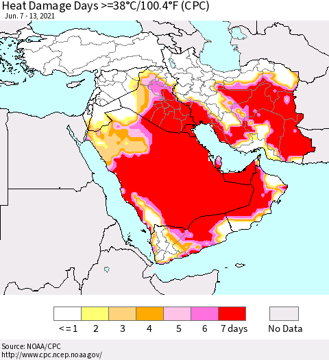 Middle East and Turkey Heat Damage Days >=38°C/100°F (CPC) Thematic Map For 6/7/2021 - 6/13/2021