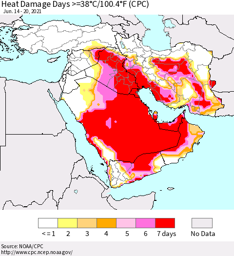 Middle East and Turkey Heat Damage Days >=38°C/100°F (CPC) Thematic Map For 6/14/2021 - 6/20/2021