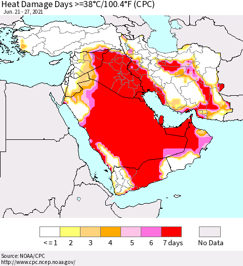 Middle East and Turkey Heat Damage Days >=38°C/100°F (CPC) Thematic Map For 6/21/2021 - 6/27/2021