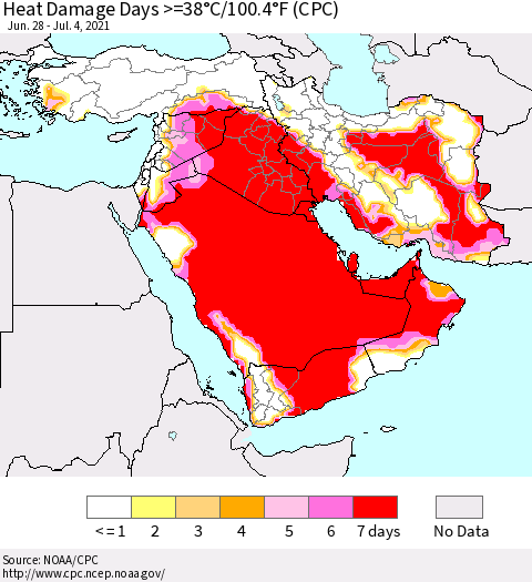 Middle East and Turkey Heat Damage Days >=38°C/100°F (CPC) Thematic Map For 6/28/2021 - 7/4/2021