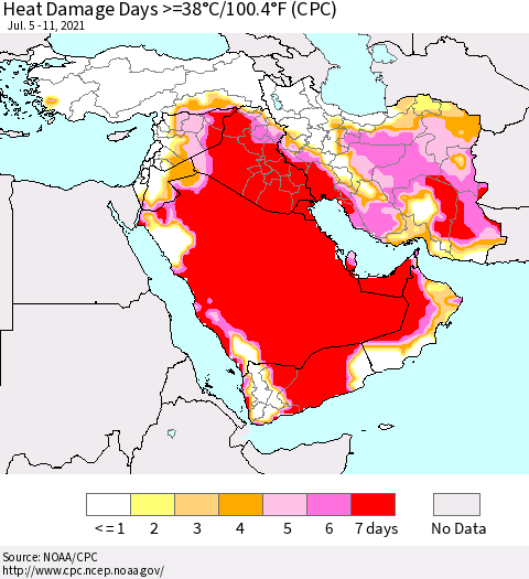 Middle East and Turkey Heat Damage Days >=38°C/100°F (CPC) Thematic Map For 7/5/2021 - 7/11/2021