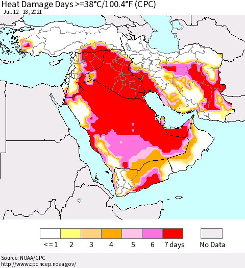 Middle East and Turkey Heat Damage Days >=38°C/100°F (CPC) Thematic Map For 7/12/2021 - 7/18/2021