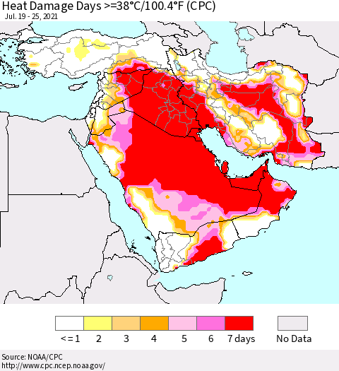 Middle East and Turkey Heat Damage Days >=38°C/100°F (CPC) Thematic Map For 7/19/2021 - 7/25/2021