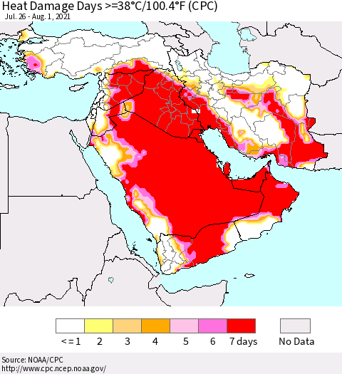 Middle East and Turkey Heat Damage Days >=38°C/100°F (CPC) Thematic Map For 7/26/2021 - 8/1/2021
