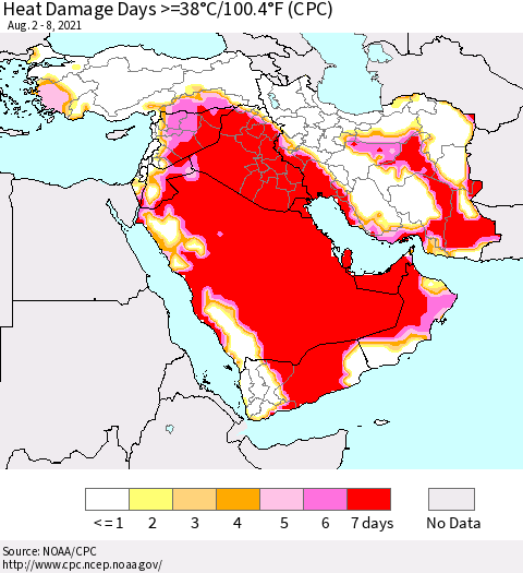 Middle East and Turkey Heat Damage Days >=38°C/100°F (CPC) Thematic Map For 8/2/2021 - 8/8/2021