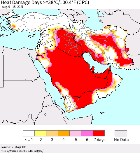 Middle East and Turkey Heat Damage Days >=38°C/100°F (CPC) Thematic Map For 8/9/2021 - 8/15/2021