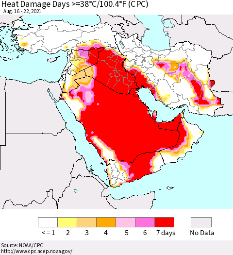 Middle East and Turkey Heat Damage Days >=38°C/100°F (CPC) Thematic Map For 8/16/2021 - 8/22/2021