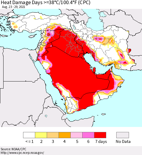 Middle East and Turkey Heat Damage Days >=38°C/100°F (CPC) Thematic Map For 8/23/2021 - 8/29/2021