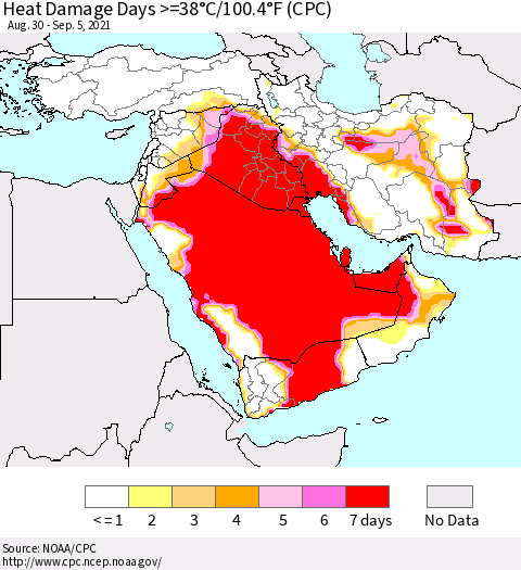 Middle East and Turkey Heat Damage Days >=38°C/100°F (CPC) Thematic Map For 8/30/2021 - 9/5/2021