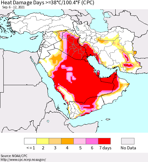 Middle East and Turkey Heat Damage Days >=38°C/100°F (CPC) Thematic Map For 9/6/2021 - 9/12/2021