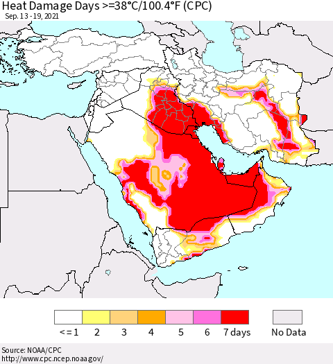 Middle East and Turkey Heat Damage Days >=38°C/100°F (CPC) Thematic Map For 9/13/2021 - 9/19/2021