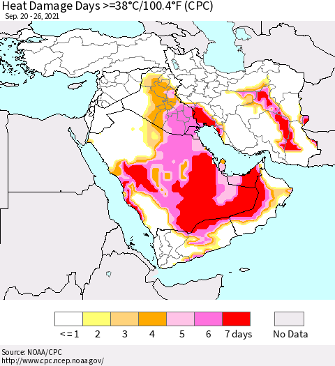 Middle East and Turkey Heat Damage Days >=38°C/100°F (CPC) Thematic Map For 9/20/2021 - 9/26/2021