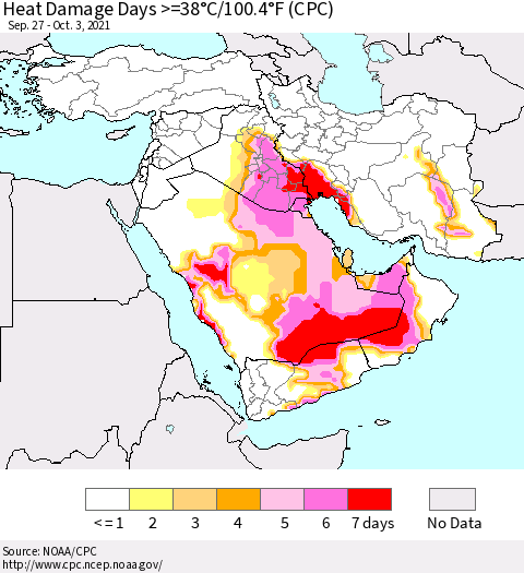 Middle East and Turkey Heat Damage Days >=38°C/100°F (CPC) Thematic Map For 9/27/2021 - 10/3/2021