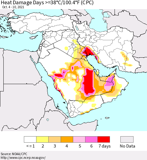 Middle East and Turkey Heat Damage Days >=38°C/100°F (CPC) Thematic Map For 10/4/2021 - 10/10/2021